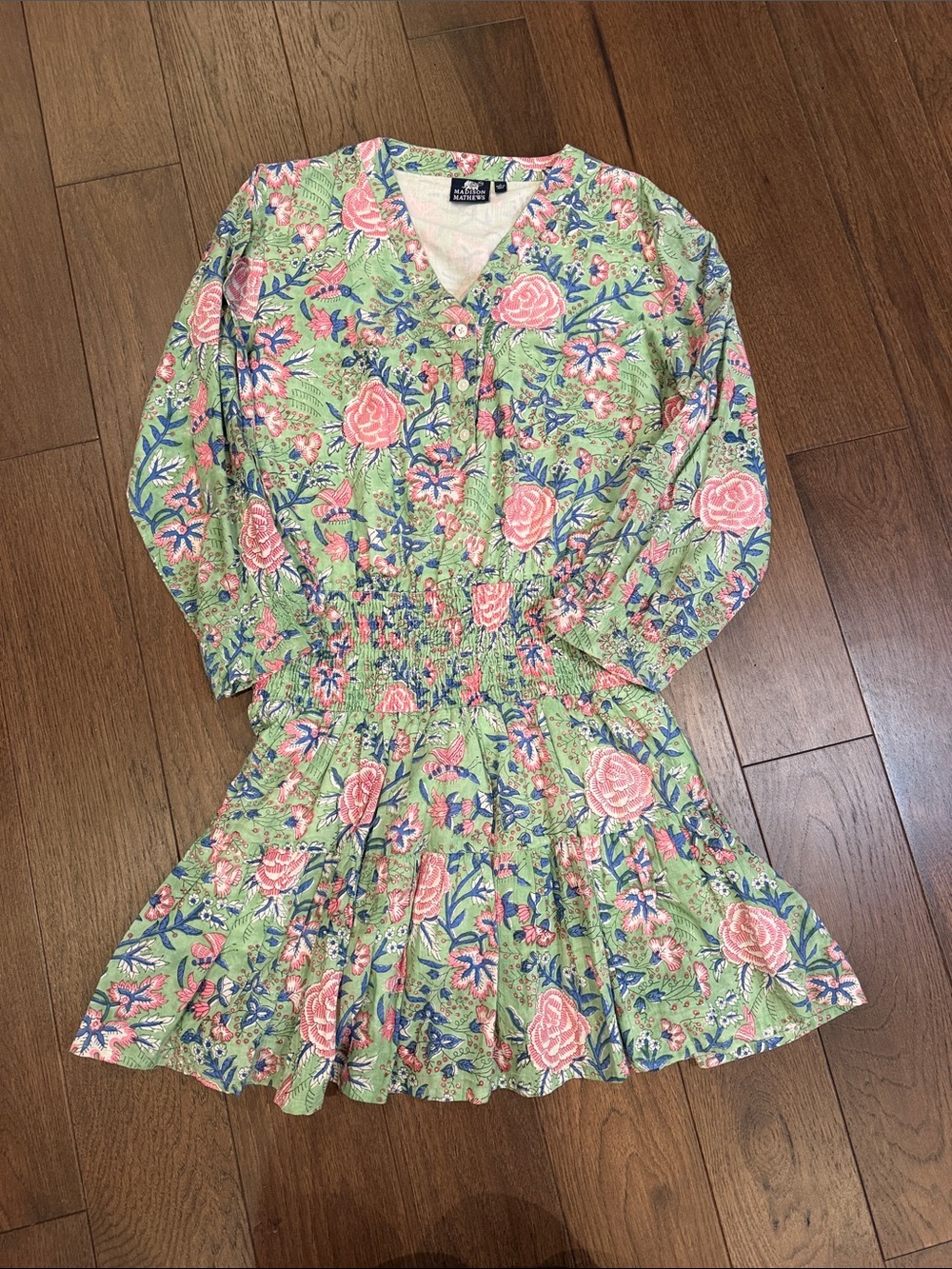 Madison Matthew’s Green Floral Smocked Waist Dress - Size Large - C30-145